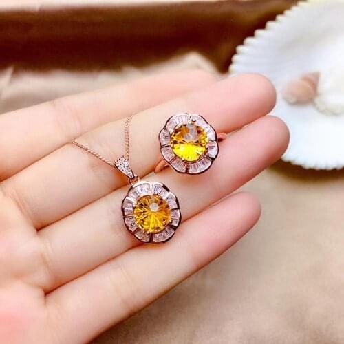 Shinning yellow gemstone ring and necklace jewelry set fine jewelry 925 sterling silver round bright yellow gem certified gift