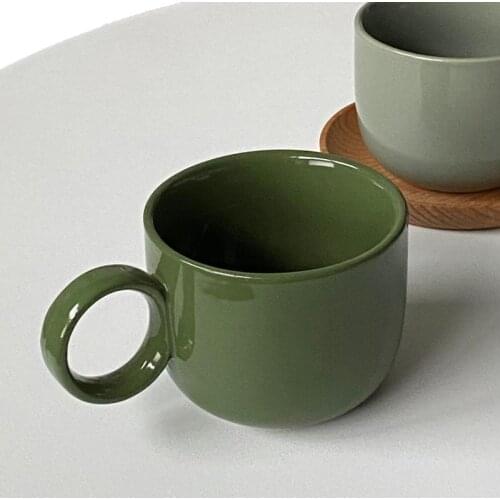 250ml Ring Handle Coffee Mug Ceramic Dark Light Green Nordic Style Simple Design Tea Water Milk Juice Cups