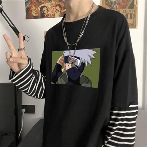 Cool Spring Japan Amine Men T Shirt Long Sleeve Harajuku Autumn T Shirt Funny Japanese Cartoon Hip Hop Patchwork T Shirts Girl