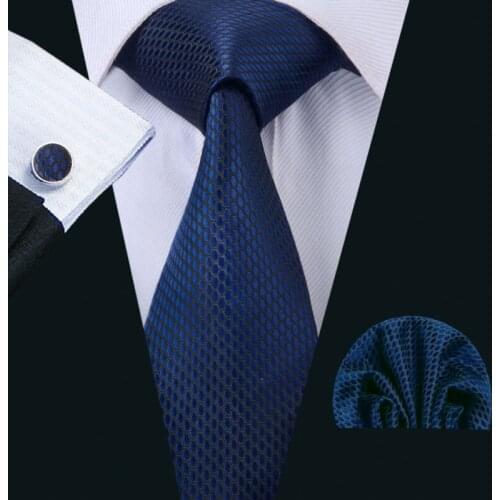 LS-1511 Barry.Wang Classic Men`s Tie 100% Silk Darkblue Solid Necktie Hanky Cufflink Set For Men`s Wedding Party Business