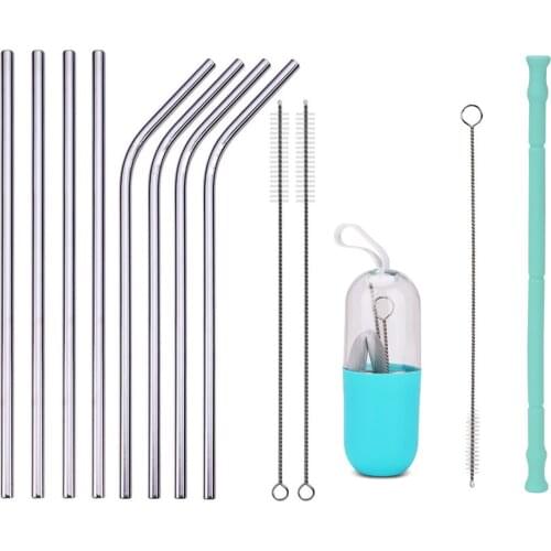 Reusable Metal Drinking Straws Silicone Stainless Steel Sturdy Bent Straight Straw + Cleaning Brush Bar Party Accessory