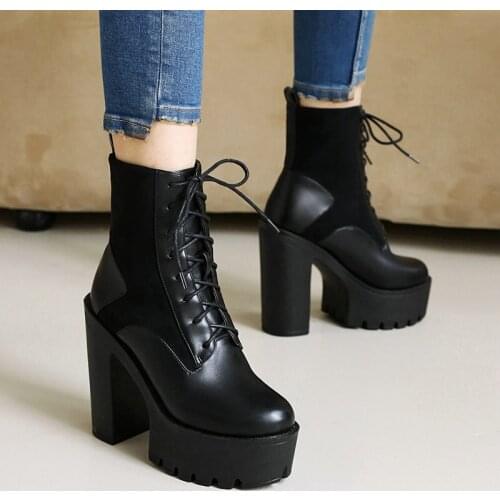 Fashion Lace Up Platform Women Boots Spring Autumn Chunky High Heel Ankle Boots Pu Flock Martin Boots Woman Shoes Big Size 42 43