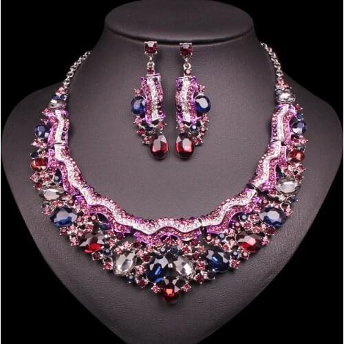 Luxury Crystal Necklace Earrings Sets Silver Plated Bridal Wedding Party Costume Accessories Indian Jewelry Sets Gifts for Women