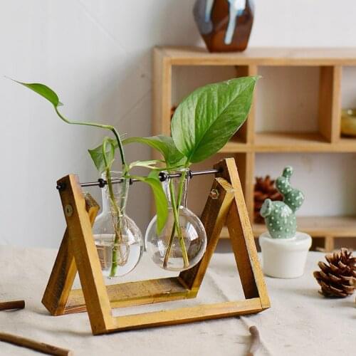 Desktop Glass Planter Bulb Vase with Classic Solid Wooden Stand and Metal Swivel Holder for Hydroponics Plants Home Garden