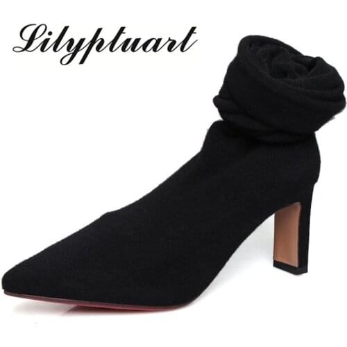2019 new knitted wool material TPR soles elastic socks boots simple style pointed high-heeled thick with fashion women boots