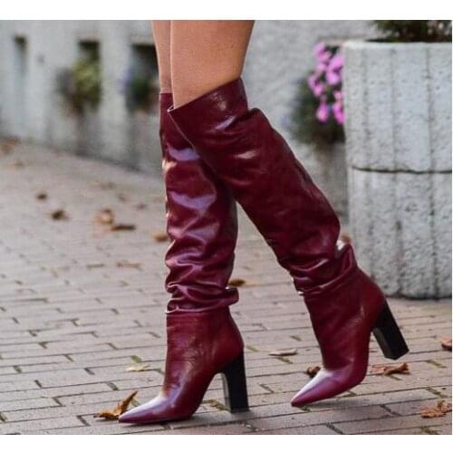 Drop Shipping Brand Woman Burgundy Leather Pointed Toe Rough Heels Slip On Fold Over The Knee High Heel Long Boots Big Size 43