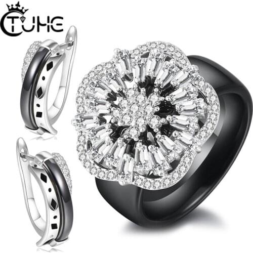 Luxury Flower Cubic Zirconia Jewelry Sets Healthy Ceramic Rings Earrings Sets For Wedding Jewelry Gift Wedding Ring Jewelry