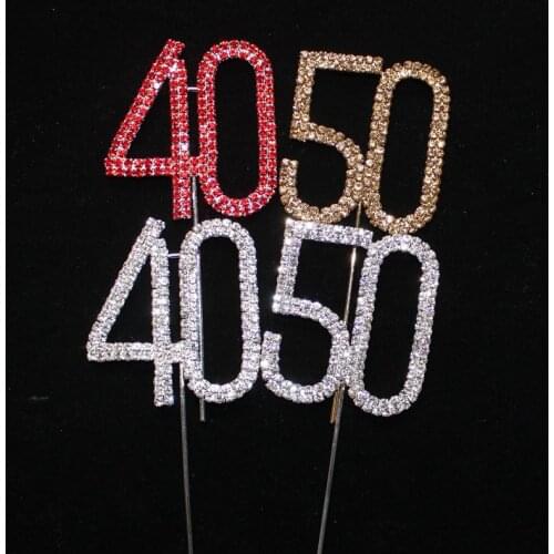 Rhinestone Birthday Wedding Anniversary Cake Topper Number Pick 40th 50th Gold Silver Diamante Gems Decoration