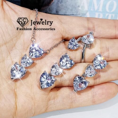 CC Heart Shape Jewelry Set Fine Jewelry 925 Silver Earring Necklace Ring Sets for Women Wedding Engagement Accessories CCE741