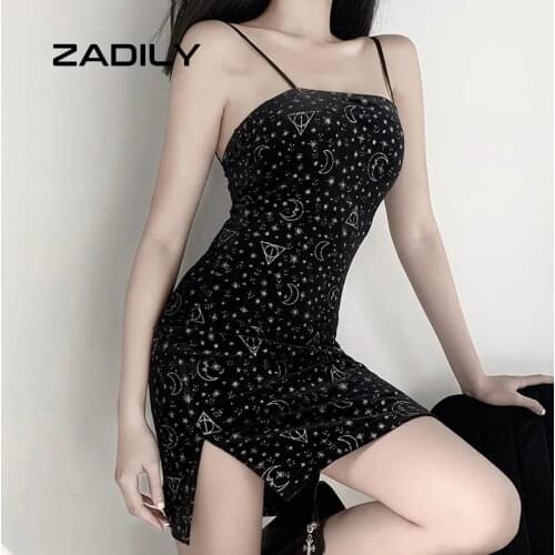 Zadily Gothic Sleeveless Bodycon Spaghetti Strap Mini Dress Printed Women Summer Black Backless Party Sexy Clubwear 2021 Dresses