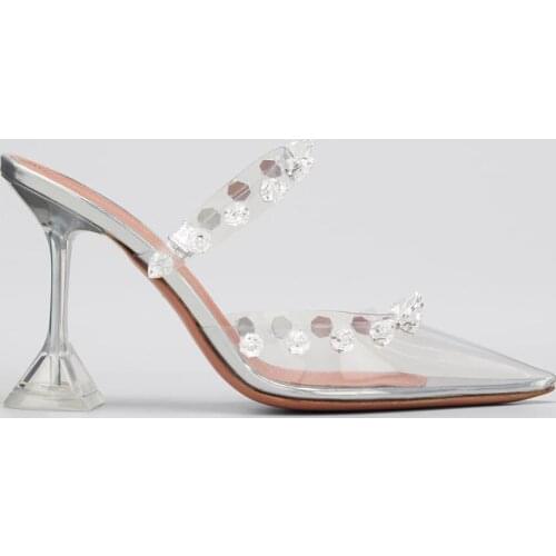 Women 95mm Spike Vinyl Mule Sandals Julia Crystal Studded Vinyl Mules Metallic Leather Trim Clear Pedestal Heel Slide Shoes