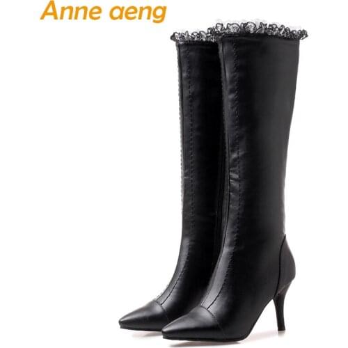 2019 new winter women knee-high boots warm plush lining high heels zip ladies sexy snow boots black women shoes plus size 33-46
