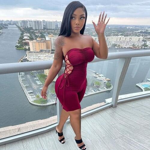 Side Lace Up Hollow Drawstring Fitness Playsuit Women Sexy Off The Shoulder Sleeveless Romper Streetwear Strapless Club Outfits