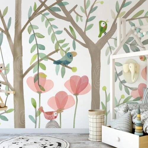 Milofi custom 3D wallpaper mural Nordic minimalist forest cartoon bird children room background wall decoration wallpaper