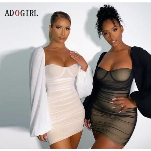 Adogirl Women Lantern Sleeve Pleated Sexy Mini Dress Solid Backless Stretch Bodycon Pencil Party Mini Vestido Elegant Streetwear