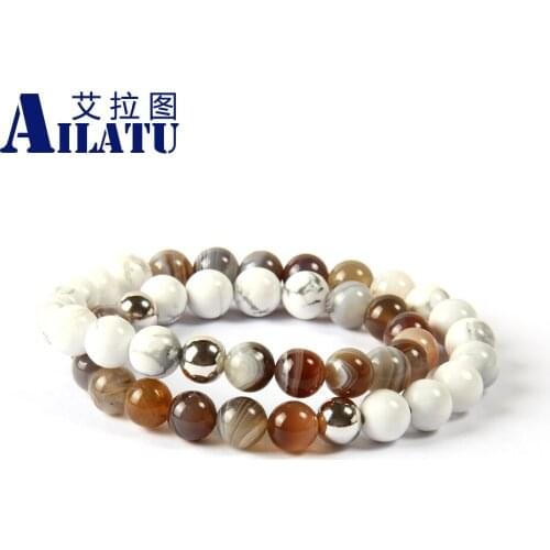 Ailatu Brand Jewelry Wholesale 10pcs/lot 8mm Natural Botswana & White Marble Stone Double Layer Mens Wrap-Around Bracelet