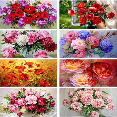 Diamond Painting Flower Vase Cross Stitch Kit 5D DIY Full Round Drill Diamond Embroidery Mosaic Red Flower Picture Home Decor