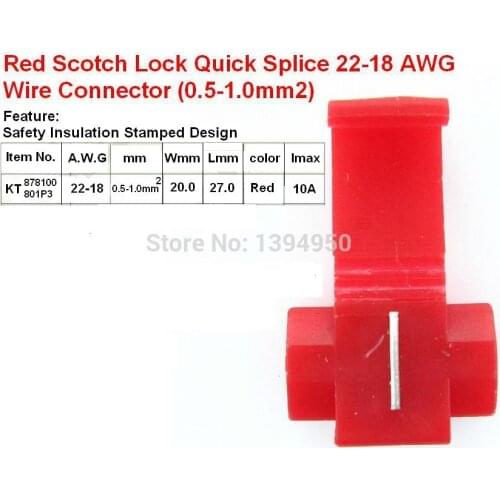 Free shipping 100PCS Red Scotch Lock Quick Splice 22-18 AWG Wire Connector Fast Connect Joint KT801P3