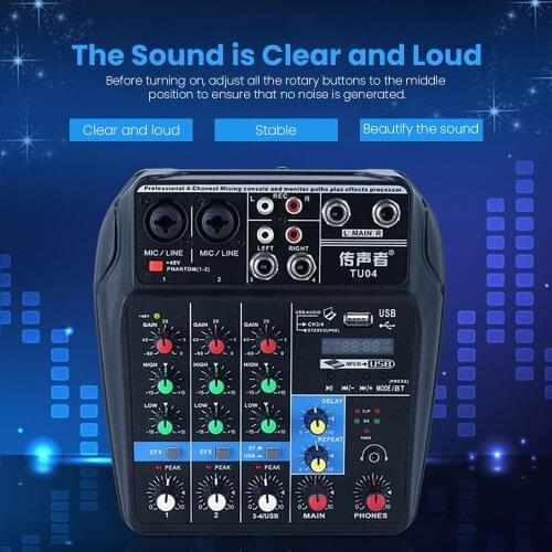 Bluetooth 4 Channels USB Audio Mixer Sound Mixing Console Voice Record Computer Playback 48V Phantom Power Delay Repaeat Effect