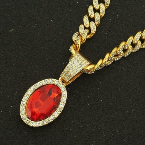 European And American Mens Hip-hop Hip-hop Jewelry With Diamond Inlaid Ruby Oval Big Buckle Cuban Chain Necklace Pendant