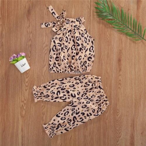 New Little Girl 2Pcs Short Sleeve T-shirt Trousers Leopard Print Ribbed Closure Summer Child Clothing