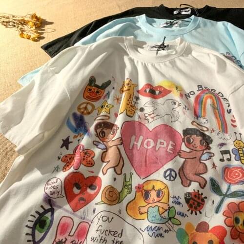 Korean Creative Anime Retro Tie-Dye Cartoon Short-Sleeved T-Shirt Women Summer Casual Loose Tide Ins Harajuku T-Shirt Women