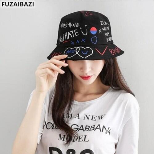 FUZAIBAZI Spring Summer Fashion New Black White Graffiti Teenager Fishermans Hat Leisure Couple Sunscreen Sunside Sombreros