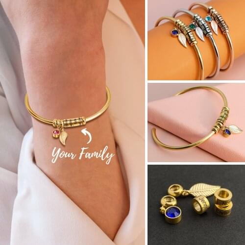Personalize Women Bracelet Custom Name Bracelet with Birthstone Leaf Charm Gold Stainless Steel Bracelet Bangles for Women Gift