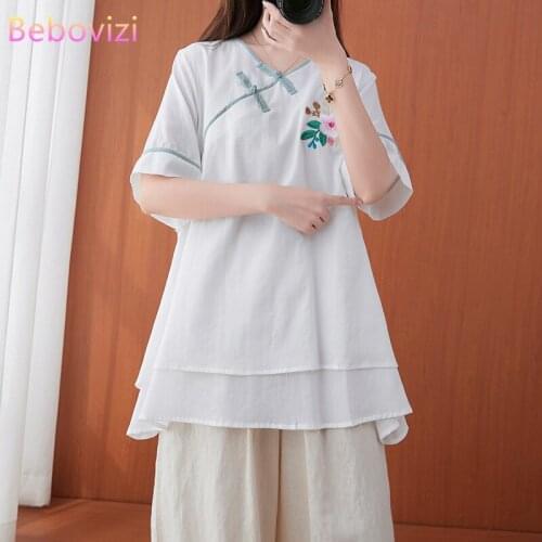 Cotton Linen Chinese Style Qipao Shirt for Women Green White Hanfu Embroidery Retro Summer Loose Han Fu Traditional Blouse Top