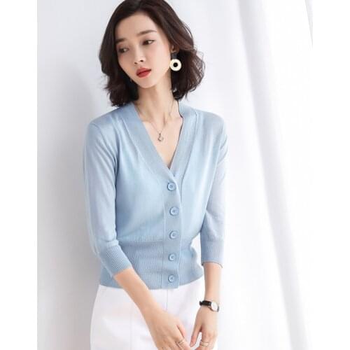 1052 Knit Cardigan Women Summer 2021 Korean Fashion Solid White Thin Sweater V-Neck Casual Elegant Slim Patchwork Buttons Tops