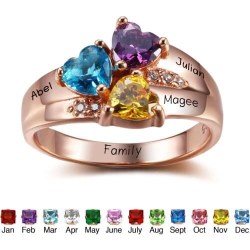 Personalized Mothers Ring 925 Sterling Silver Name Engrave Heart Shape Birthstone Ring Women Jewelry Engagement Gift (RI102345)