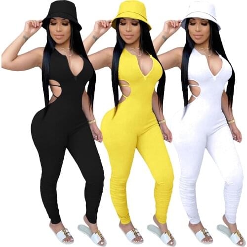 Front Zipper Up Jumpsuit Solid Lace Up Open Back Deep V-neck Sleeveless Bodycon Stacked Sexy Party Romper One Piece Overalls