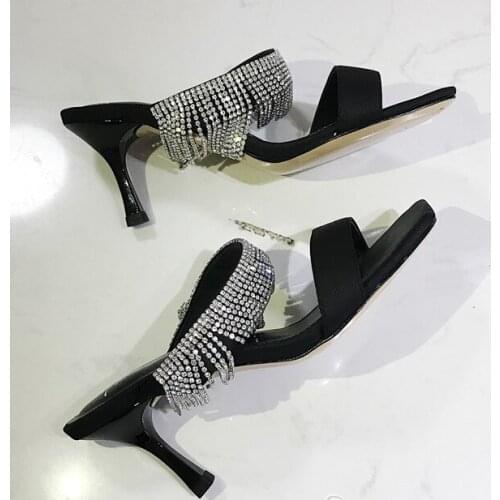 Summer Ladies Bling Rhinestone Tassel Slipper Sandals Kitten Heels Silk Slingback Slipper Peep Toe One Strap Outfit High Heels