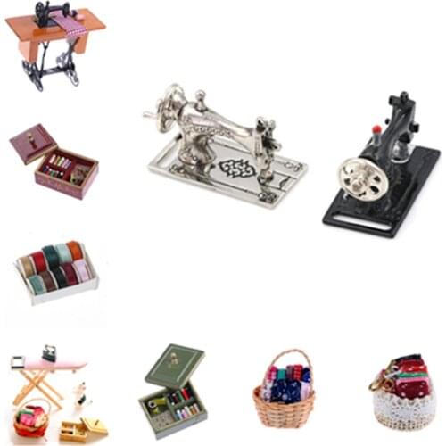 Multifunctional 1:12 Miniature Vintage Sewing Box Iron Board Needle Scissors Kit Dollhouse Decoration Accessories