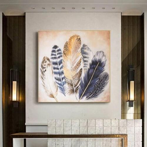 Wall Decor Hand painted Blue Animal Feather oil Painting Wall Art for Living Room Bedroom Modern Artwork Home Office Decoration