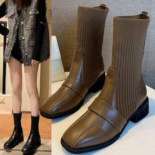 2021 New Retro Womens Chelsea PU Leather Short Ankle Boots for Women Square Heels Chunky Shoes Socks Boots Platform