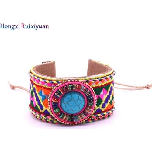 New Womens Leather Bracelet Bohemian Vintage Embroidery Pattern Fashion Bracelet Jewelry Christmas Gift Bracelets&Bangle