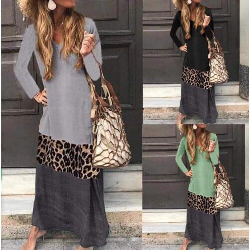 2021 autumn winter Korean style V-neck leopard print contrast stitching Patchwork dress casual one-piece dress