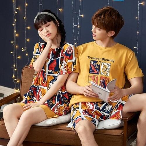 Funny Anime Manga Couples Pajamas Set Summer Cotton Short Sleeved Women Nightwear Plus Size Leisure Yellow Men Home Sleepwear
