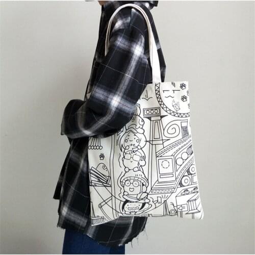 Sturdy canvas shopping bags simple concise style handheld Single shoulder bag With zipper Cartoon design Size 34X39cm