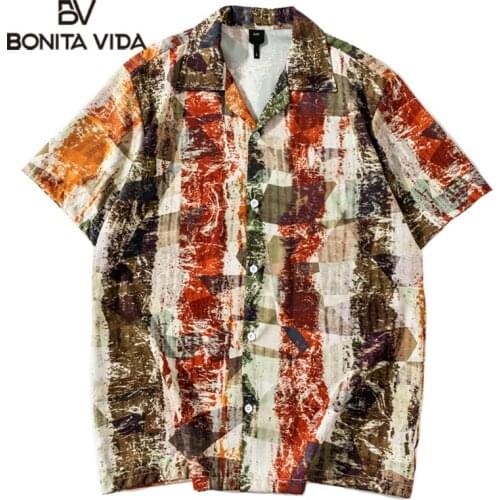 Bonita Vida Hip Hop Striped Tie Dyeing Print Shirt Men Summer Vintage Hawaiian Short Sleeve Harajuku Beach Shirts Fashion Tops