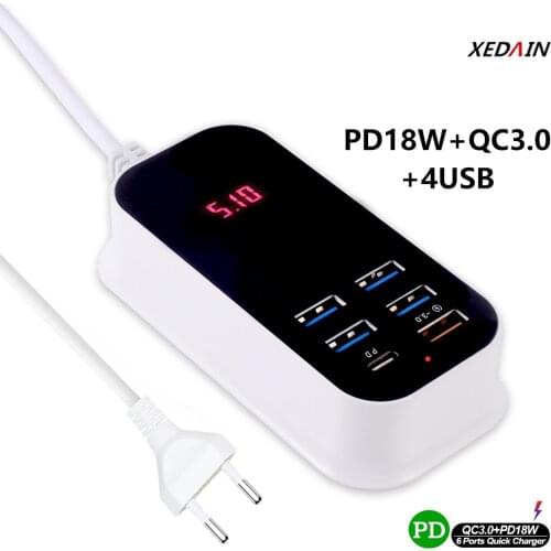 PD+6Port Digital Display Fast Charging Type C USB Hub Tablet Charger Can Be Used For Iphone Series Xiaomi Huawei Samsung Android