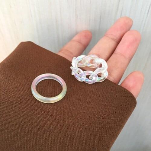 Korea Fashion Vintage Simple Aesthetic Resin Colorful Acrylic Chain Round Rings Set For Women Girls Jewelry Accessories Gifts