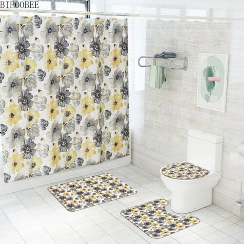 Nordic Flower Shower Curtain Waterproof Polyester Frabic Bathroom Curtains Bath Mat Set Non-Slip Pedestal Rug Toilet Cover Mats