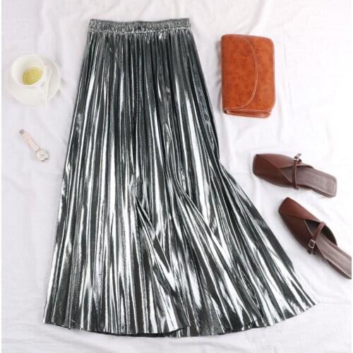 2020 New Women Winter Skirt Korean Metallic Reflective Fabric Pleated Skirt Autumn Casual High Waist Long A-line Skirts Faldas