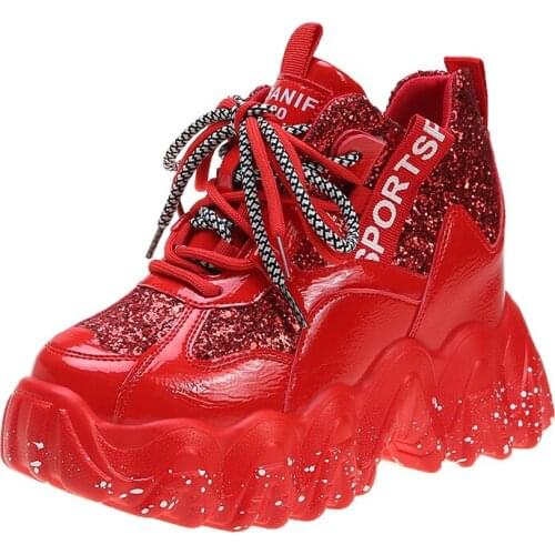 Spring New Women Platform Sneakers Ladies Lace-up Bling Vulcanize Shoes Fashion Woman Breathable Casual Shoes Thick Sole Shoes