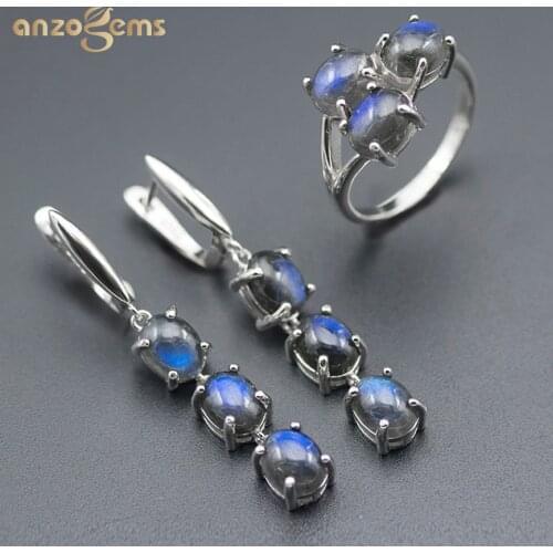 Anzogems 100% natural Labradorite jewelry sets real 925 sterling silver earrings ring gemstone jewelry for womens gift 2020 new