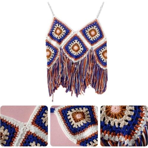 Y166 Women Summer Crochet Knitted Camisole Multicolor Plaid Rhombus Pattern Boho Crop Top Sexy V-Neck Fringe Tassel Beach Vest