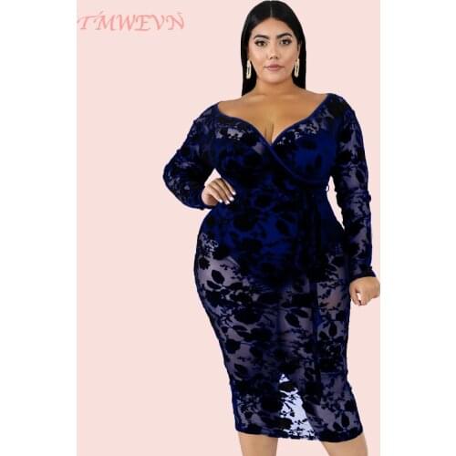 TMWEVN Lace Dress Plus Size Black Sheath Bodycon Dress Women Sexy V-neck Long Sleeve Party Dress Vestidos (XL-6XL)