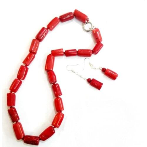 Woman jewelry Natural Red Coral Bead Cylinder Choker Necklace Dangle Hook Earring Jewelry set